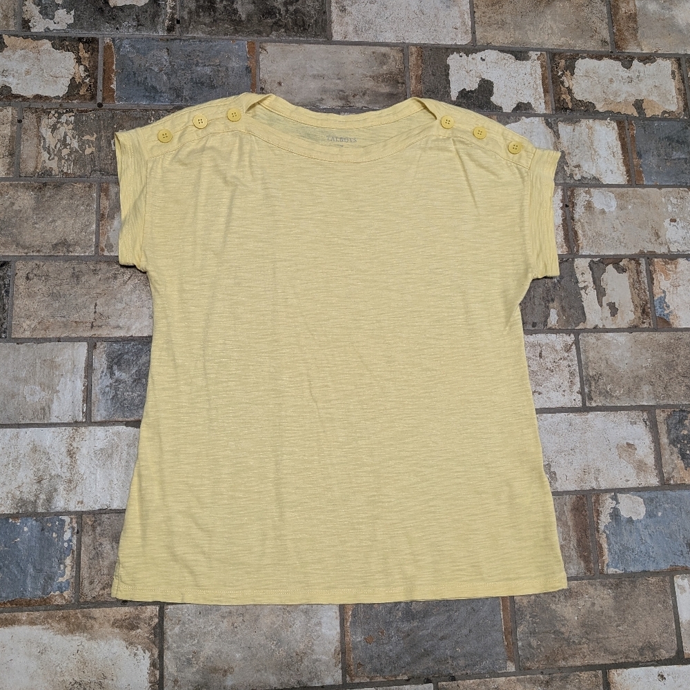 Talbots Women's Medium Butter Yellow Short Sleeve Button Shoulder Top Shirt